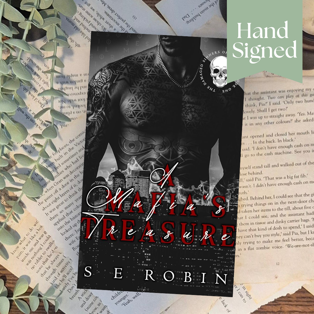 Book cover of 'A Mafia's Treasure' by S.E. Robin on a textured surface with text and greenery.