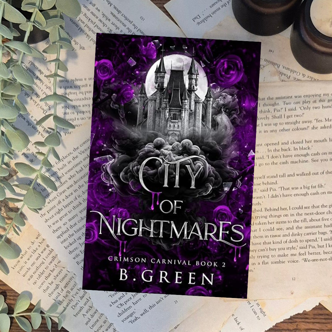 Book cover of 'City of Nightmares' by B. Green on a textured surface with leaves.