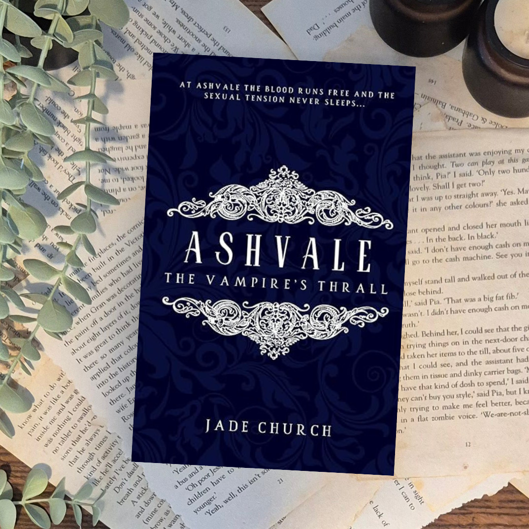 Book cover of 'Ashvale: The Vampire's Thrall' by Jade Church on a textured surface with leaves.