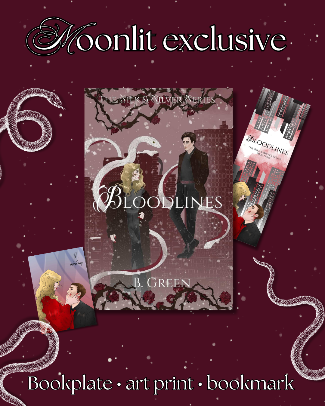 Promotional image for 'Bloodlines' by B. Green featuring a book, art print, and bookmark on a dark red background with snake illustrations.