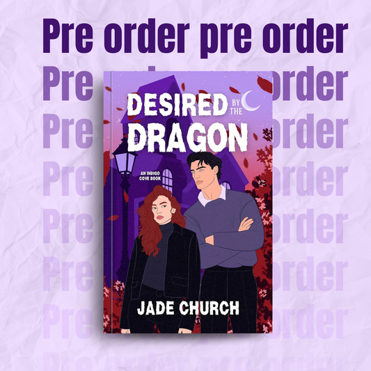 A book cover for 'Desired by the Dragon' by Jade Church is centered on a light lavender background with repeated faint 'Pre order' text behind it. The cover shows an illustrated man and woman standing in front of a purple building at night, with red leaves and white title text.