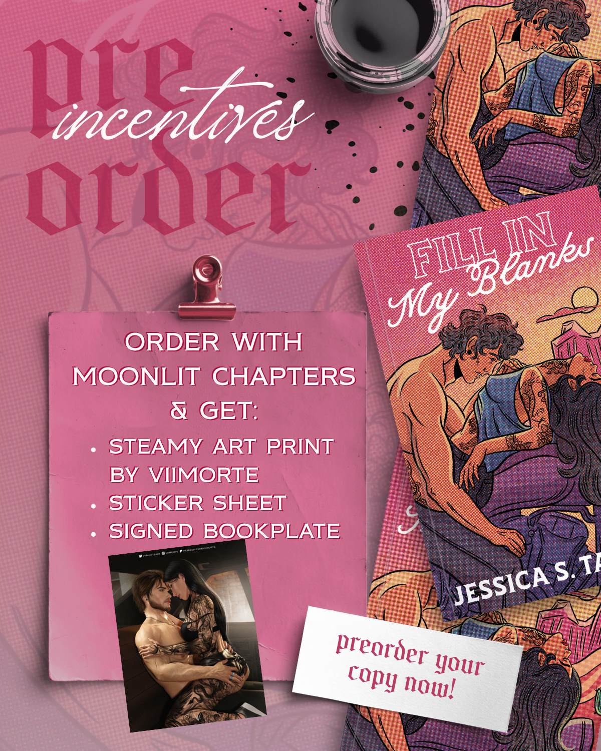 Promotional graphic for a pre-order copy of the romance novel 'Fill In My Blanks' by Jessica S. Taylor, featuring a pink and purple color palette with illustrations of couples, a bookplate, a sticker sheet, and a small art print.