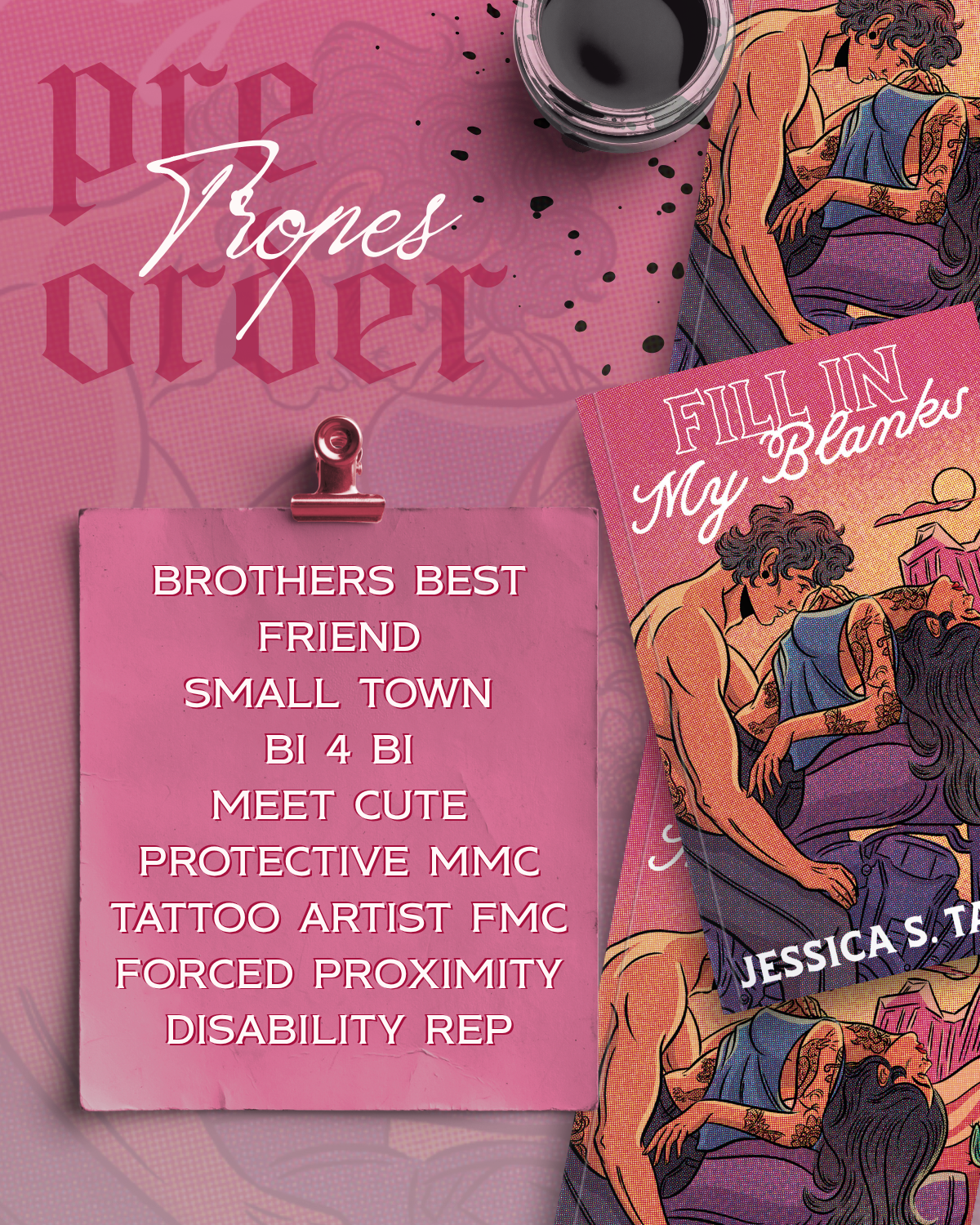 A styled flat-lay of two vintage-style romance/BL prop illustrations on a pink background, with a pink note clipped at the top left listing prop themes such as brothers best friend, small town, bi4bi, and protective MMC. One illustration shows a tattooed man holding a purple chair while another shows a couple embracing.
