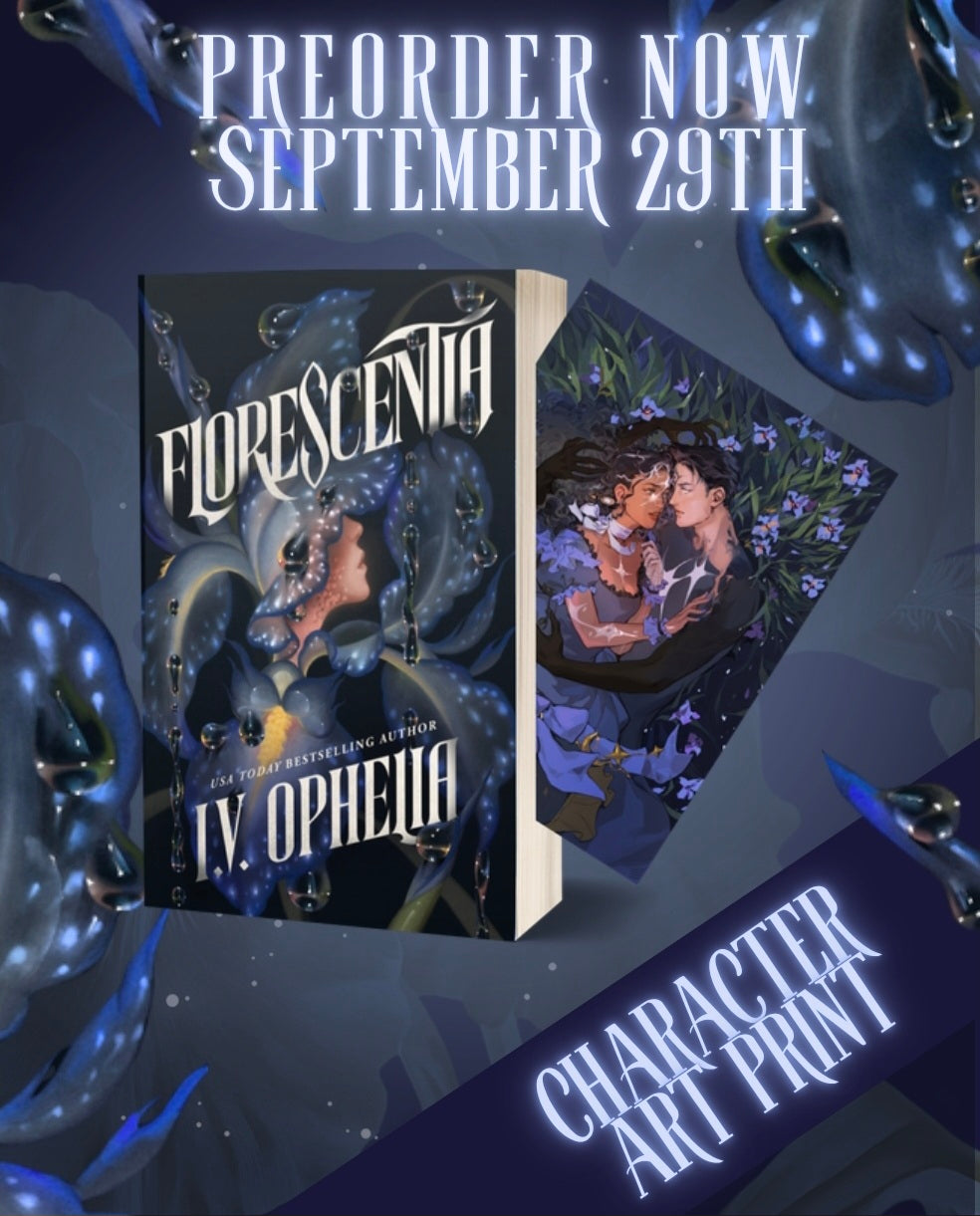 Florescentia by I. V Ophelia book graphic with the phrase 'character art print' in the corner on a banner along with an art print olaced behind the book at an angle 