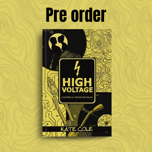 Book cover for 'High Voltage' by Kate Cole, displayed on a textured yellow background with the text 'Pre order' above it. The cover features a black and gold retro-futuristic design with circuit board patterns, a silhouette of a couple, and a lightning bolt.