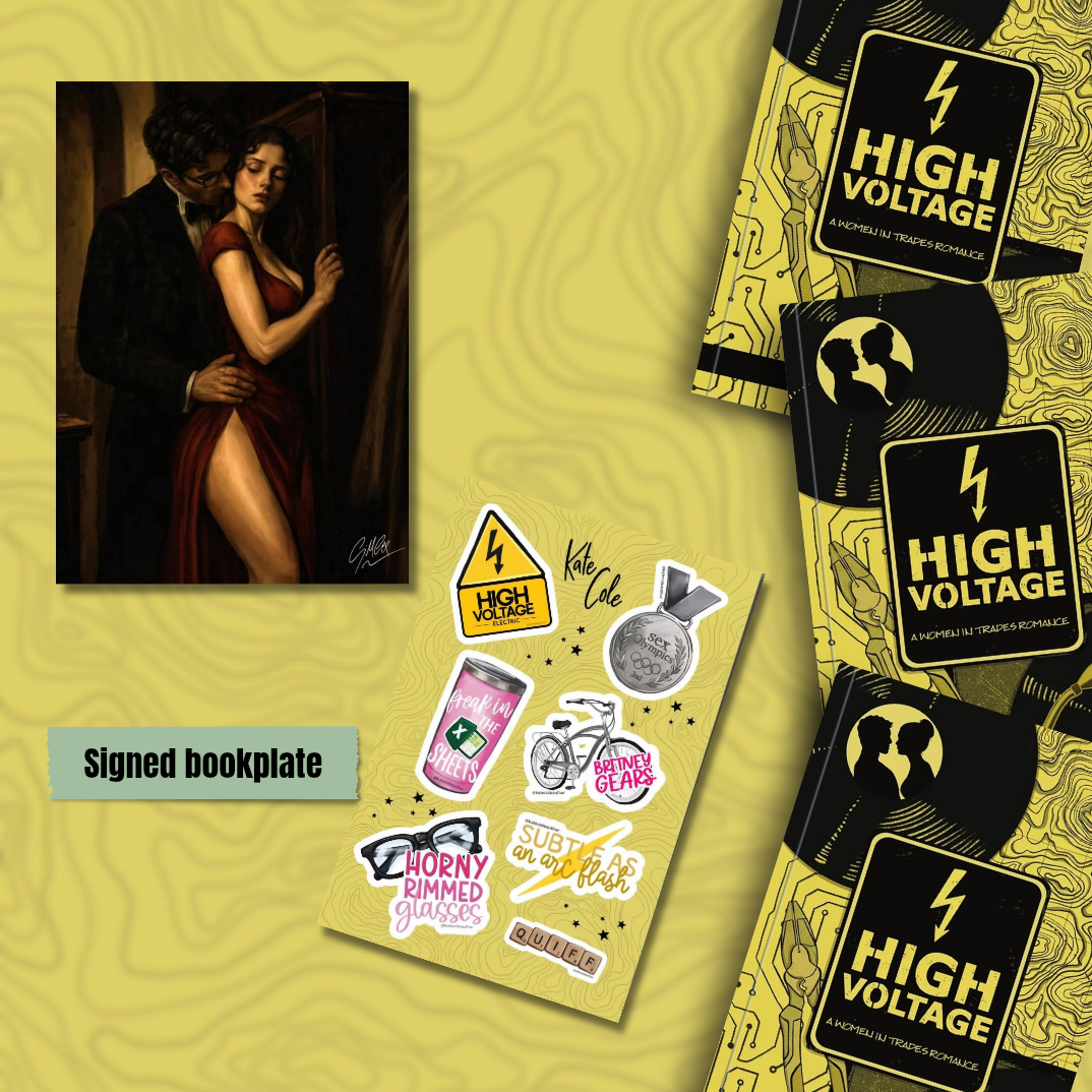 A styled flat-lay featuring a signed bookplate, a sheet of stickers, and multiple black-and-yellow card sleeves printed with the text 'HIGH VOLTAGE' and a lightning bolt icon, arranged on a yellow wavy background.