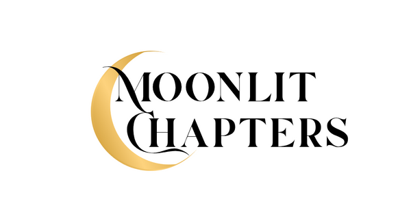 Logo for 'Moonlit Chapters' with a gold crescent moon on a white background