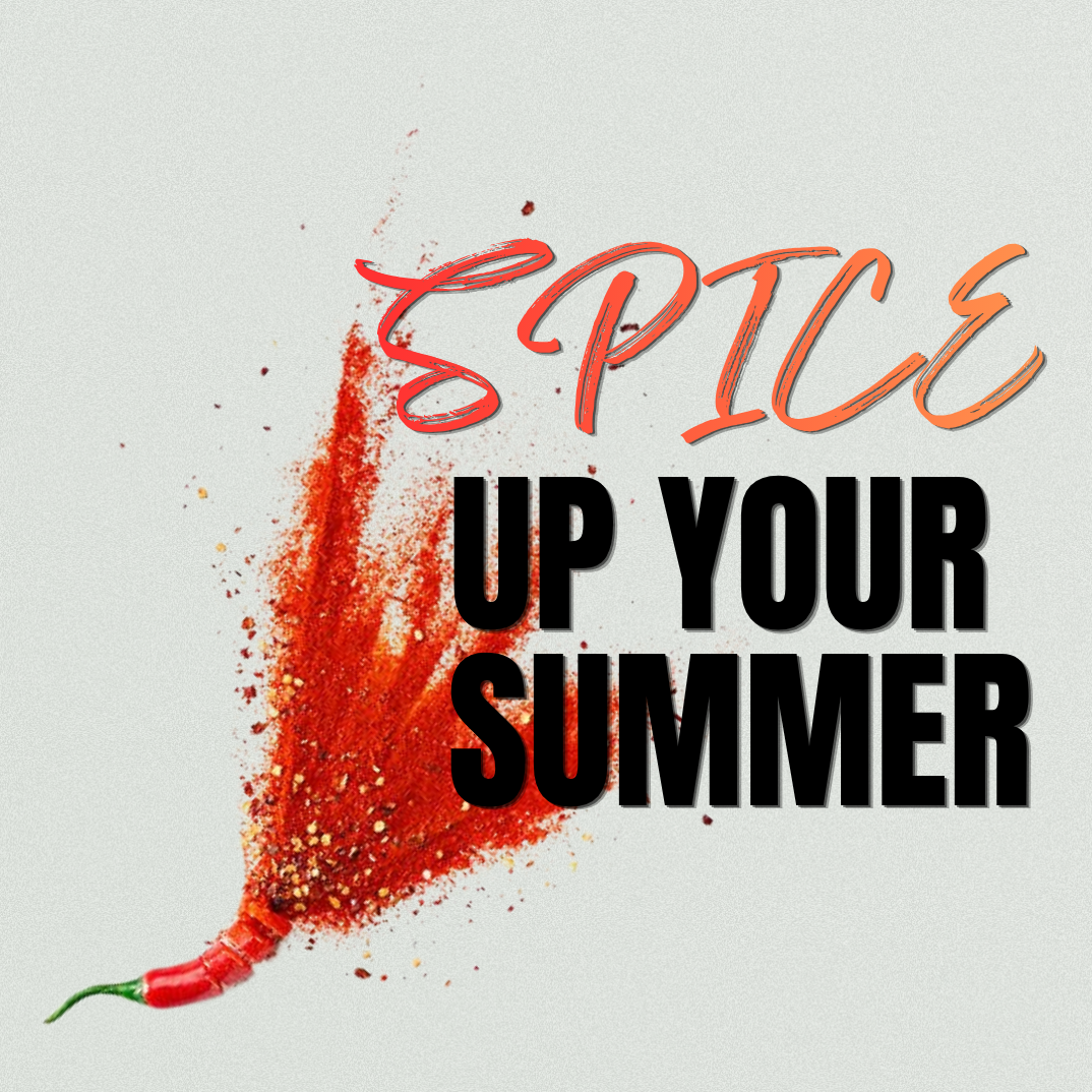 Text graphic reading 'SPICE UP YOUR SUMMER' on a light gray background, with a red chili pepper and red spice powder illustration.
