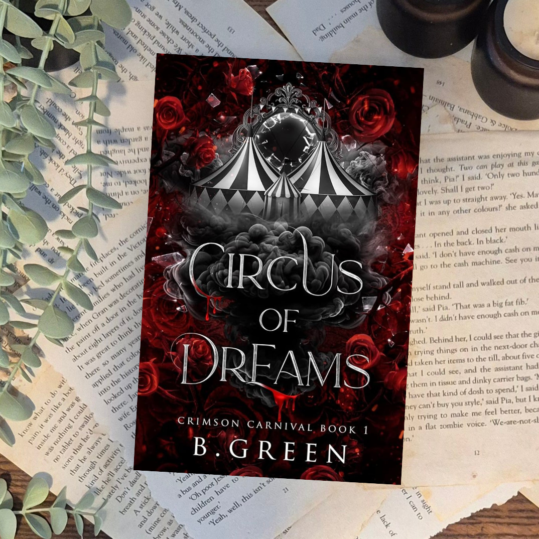 Book cover of 'Circus of Dreams' by B. Green on a textured surface with leaves.