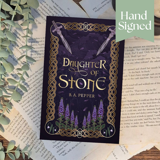 Book cover of 'Daughter of Stone' by B.A. Pepper with decorative elements on a textured surface.